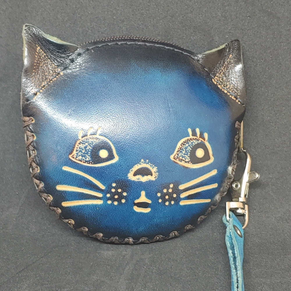 Hand Sewn Blue Leather Cat Kitten Hand Tooled Change Purse